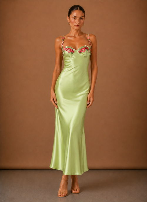 Women’s Satin Floral Detail Maxi Dress – Elegant Evening Occasion | Areleon