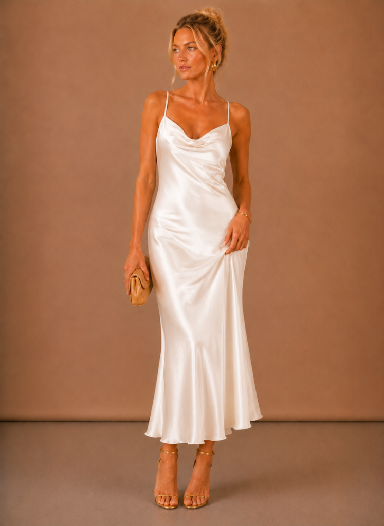 Women’s Satin Cowl Neck Midi Dress – Elegant Evening Occasion | Areleon