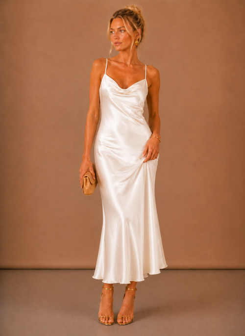 Women’s Satin Cowl Neck Midi Dress – Elegant Evening Occasion | Areleon