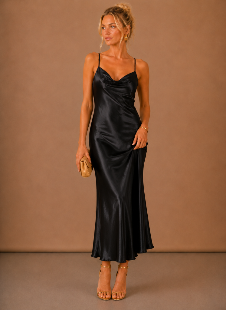 Women’s Satin Cowl Neck Midi Dress – Elegant Evening Occasion | Areleon