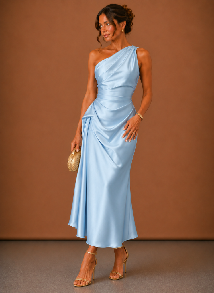 Women’s Satin One Shoulder Midi Dress – Elegant Wedding Guest | Areleon