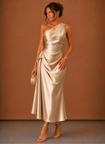 Women’s Satin One Shoulder Midi Dress – Elegant Wedding Guest | Areleon