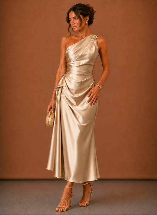 Women’s Satin One Shoulder Midi Dress – Elegant Wedding Guest | Areleon