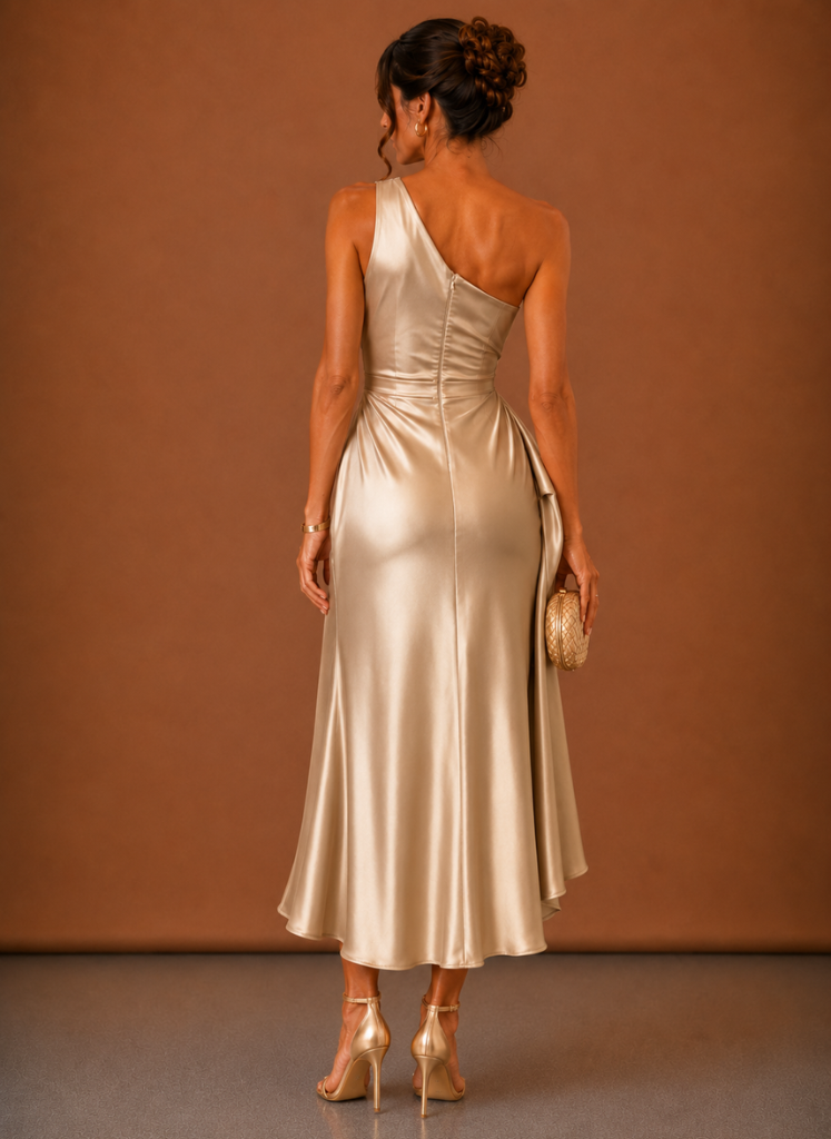 Women’s Satin One Shoulder Midi Dress – Elegant Wedding Guest | Areleon