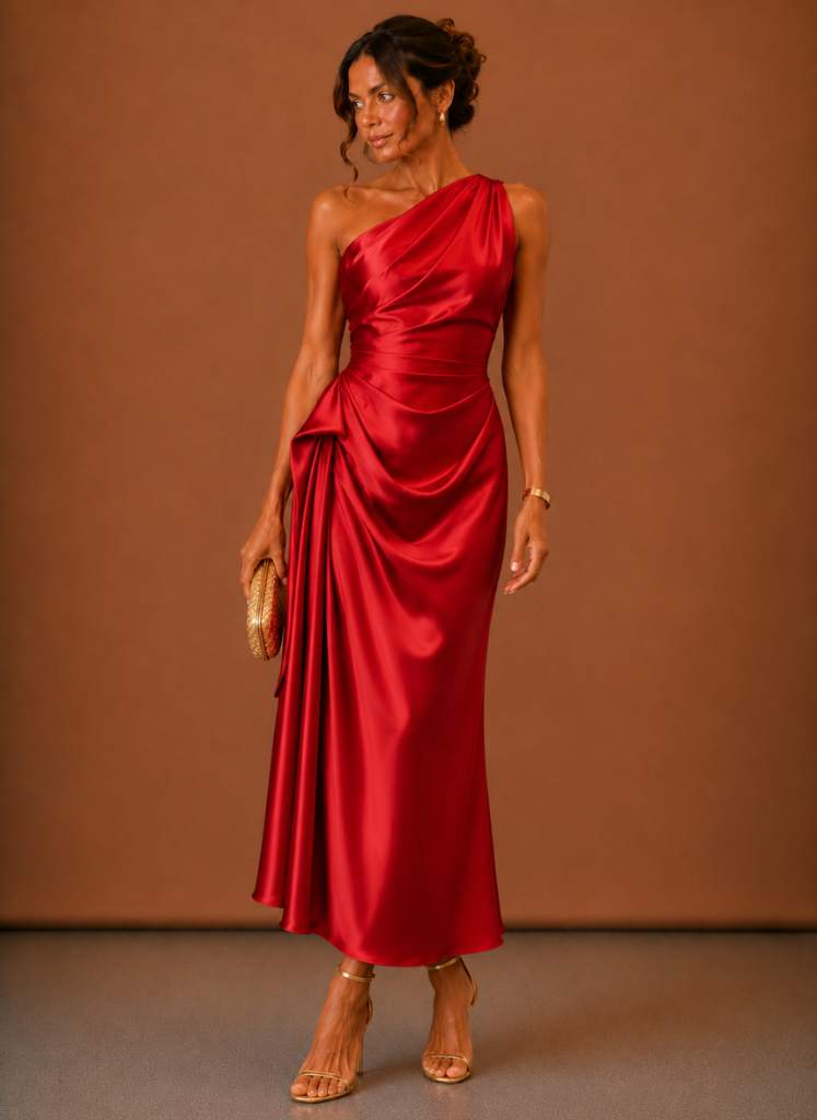 Women’s Satin One Shoulder Midi Dress – Elegant Wedding Guest | Areleon