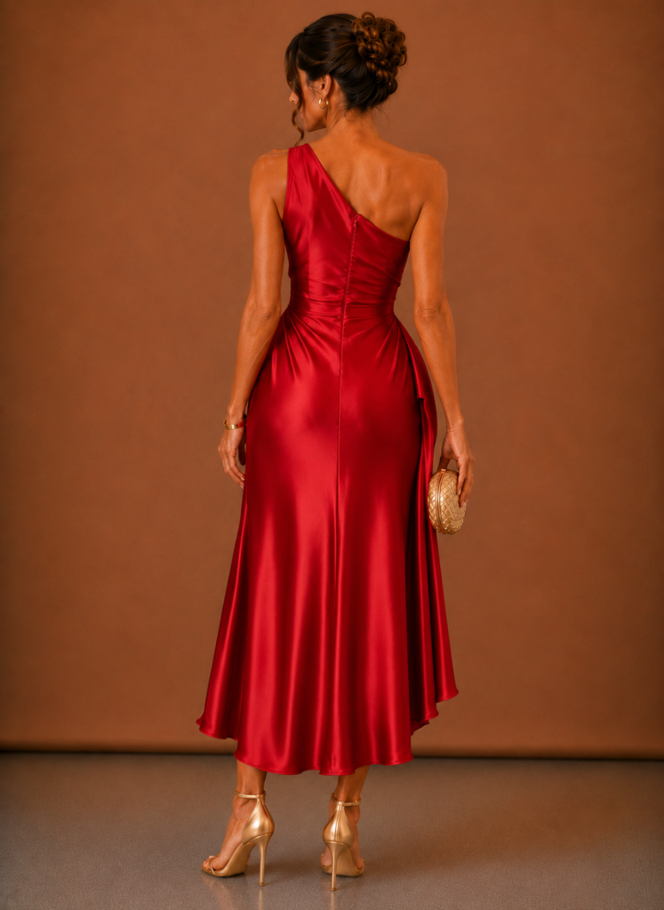 Women’s Satin One Shoulder Midi Dress – Elegant Wedding Guest | Areleon