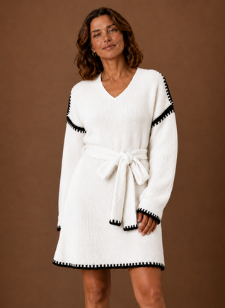 Women’s V-Neck Knit Sweater Dress with Waist Belt | Areleon