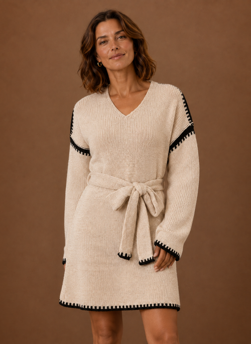Women’s V-Neck Knit Sweater Dress with Waist Belt | Areleon