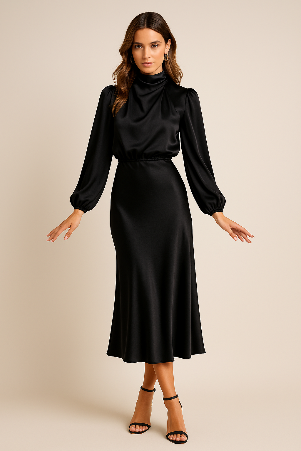 Monika Long-Sleeve High-Neck Midi Dress