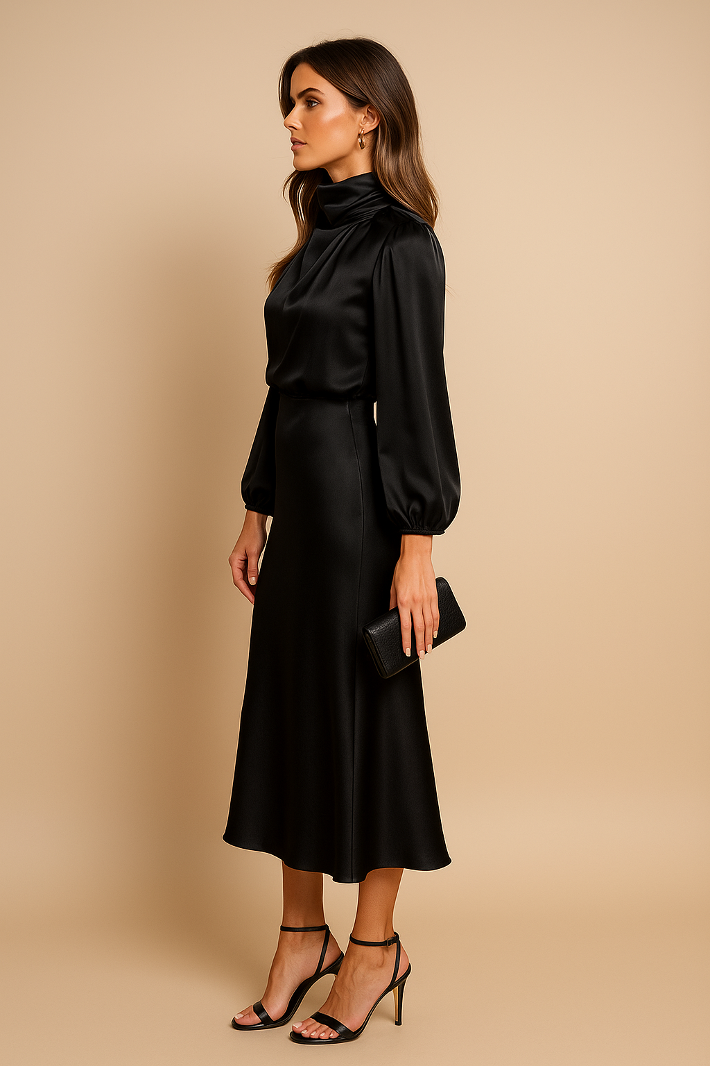 Monika Long-Sleeve High-Neck Midi Dress