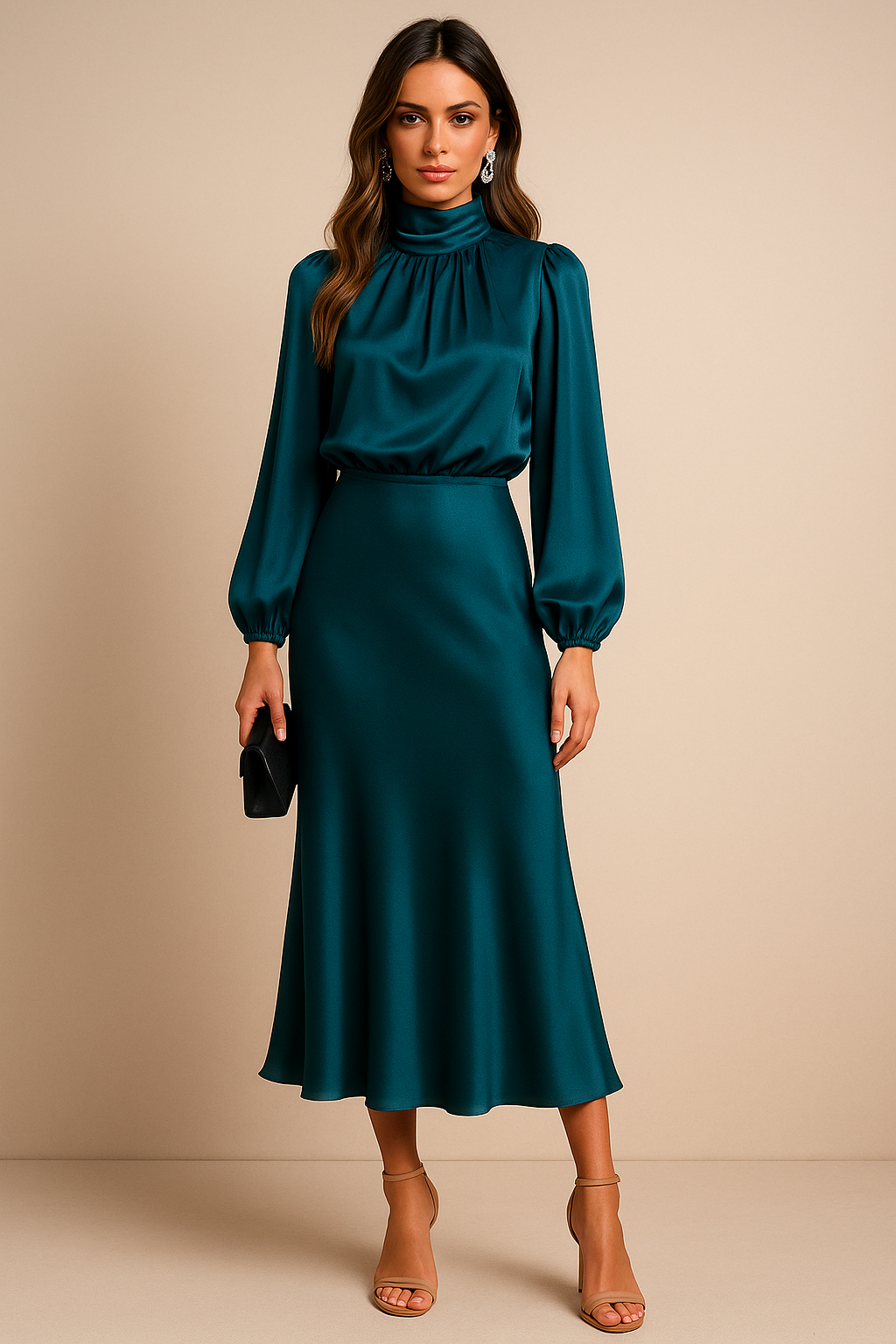 Monika Long-Sleeve High-Neck Midi Dress