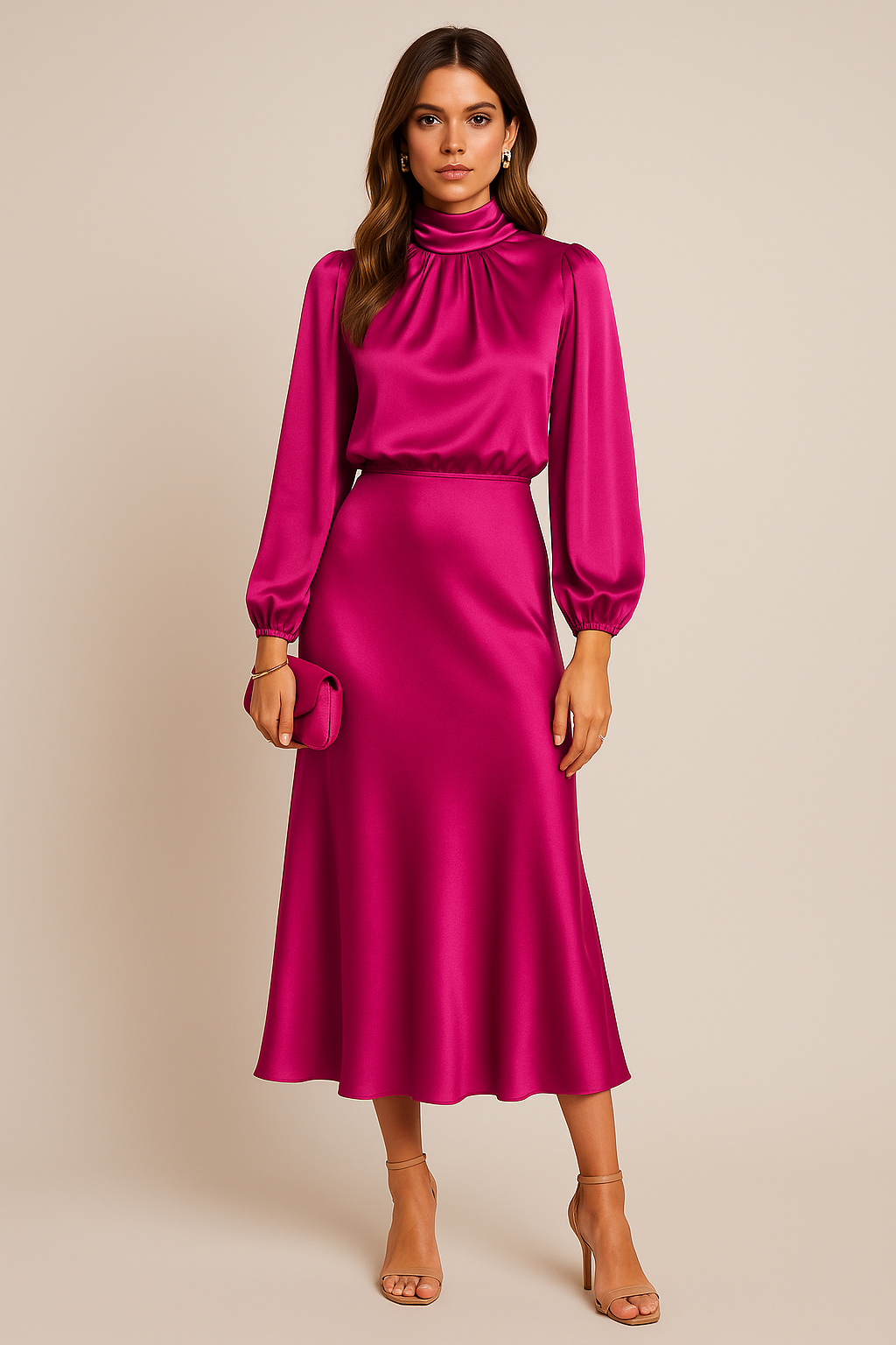 Monika Long-Sleeve High-Neck Midi Dress