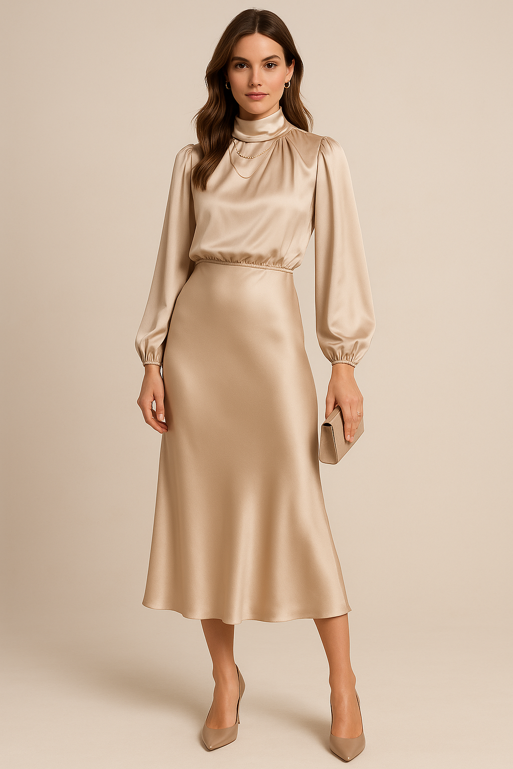 Monika Long-Sleeve High-Neck Midi Dress