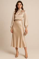 Monika Long-Sleeve High-Neck Midi Dress