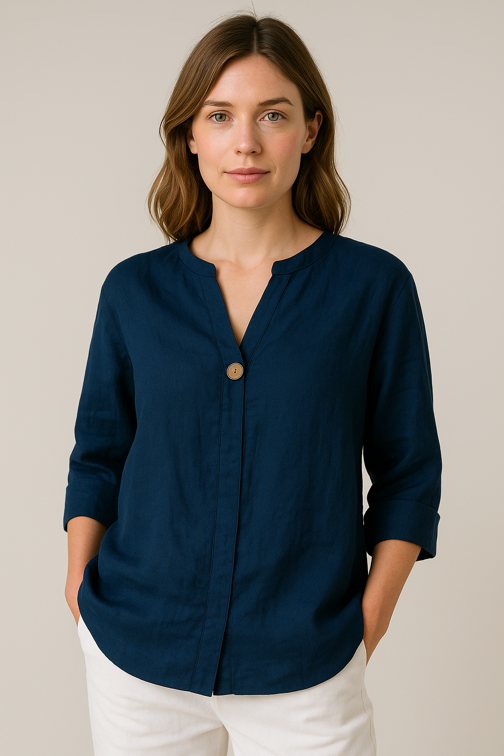 Stefanie Relaxed V-Neck Blouse with Button Detail