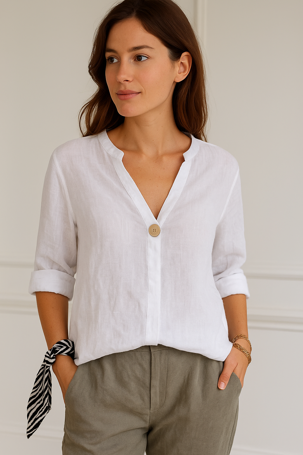 Stefanie Relaxed V-Neck Blouse with Button Detail