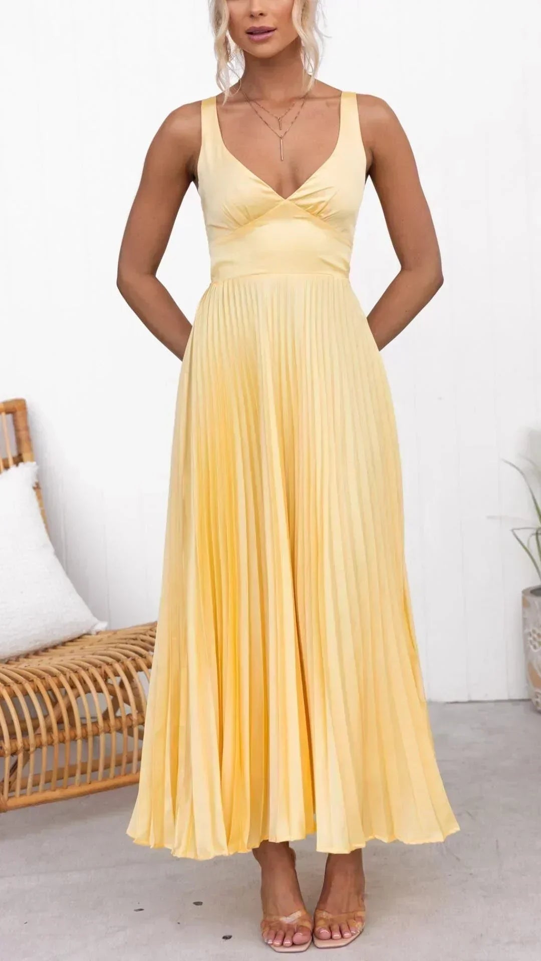 Barbara V-Neck Pleated Maxi Dress