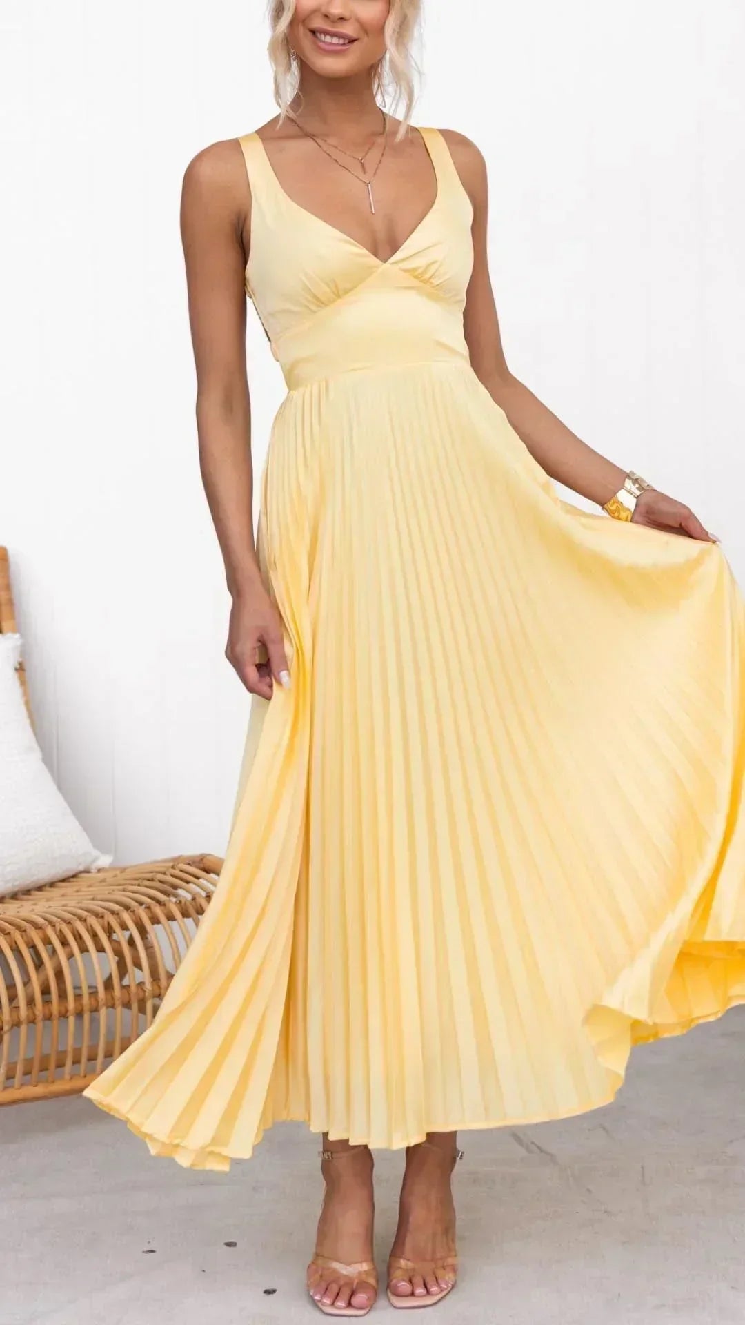 Barbara V-Neck Pleated Maxi Dress
