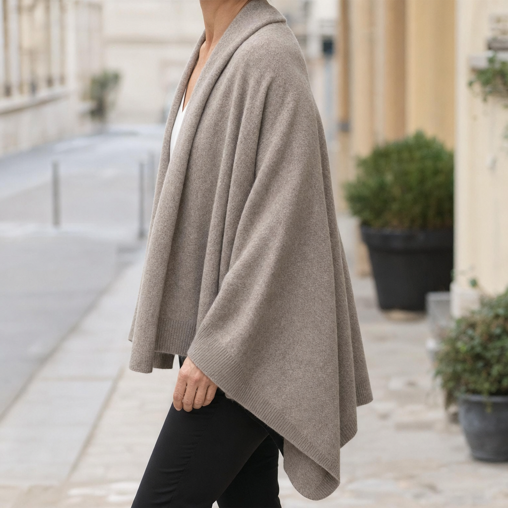 Aldbury Knit Cape in taupe, side view