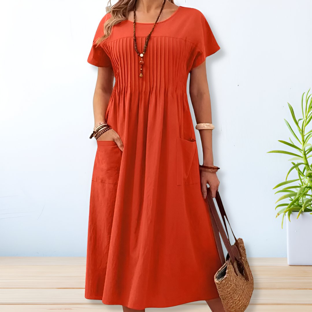 Laura Pleated Short-Sleeve Midi Dress
