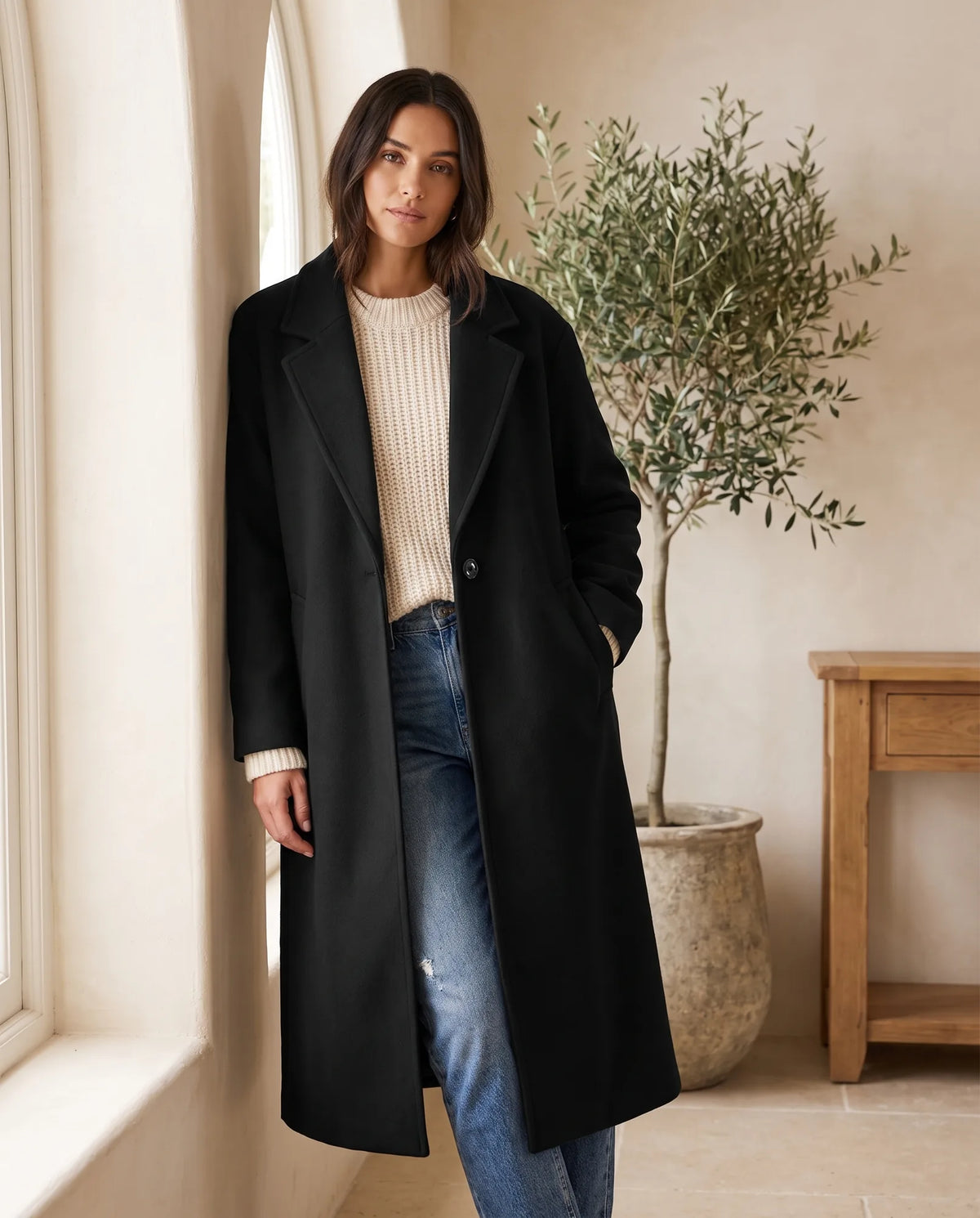 Astrid Wool-Look Coat for Women - Oversized Longline Notch Lapel - Black