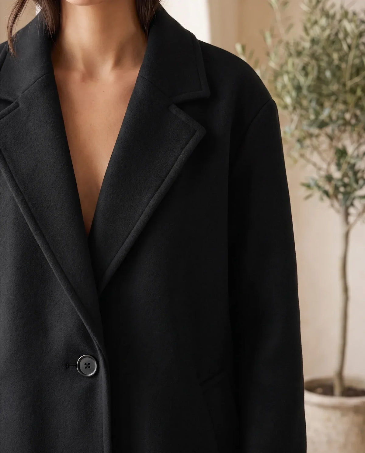 Astrid Wool-Look Coat for Women - Oversized Longline Notch Lapel - Black