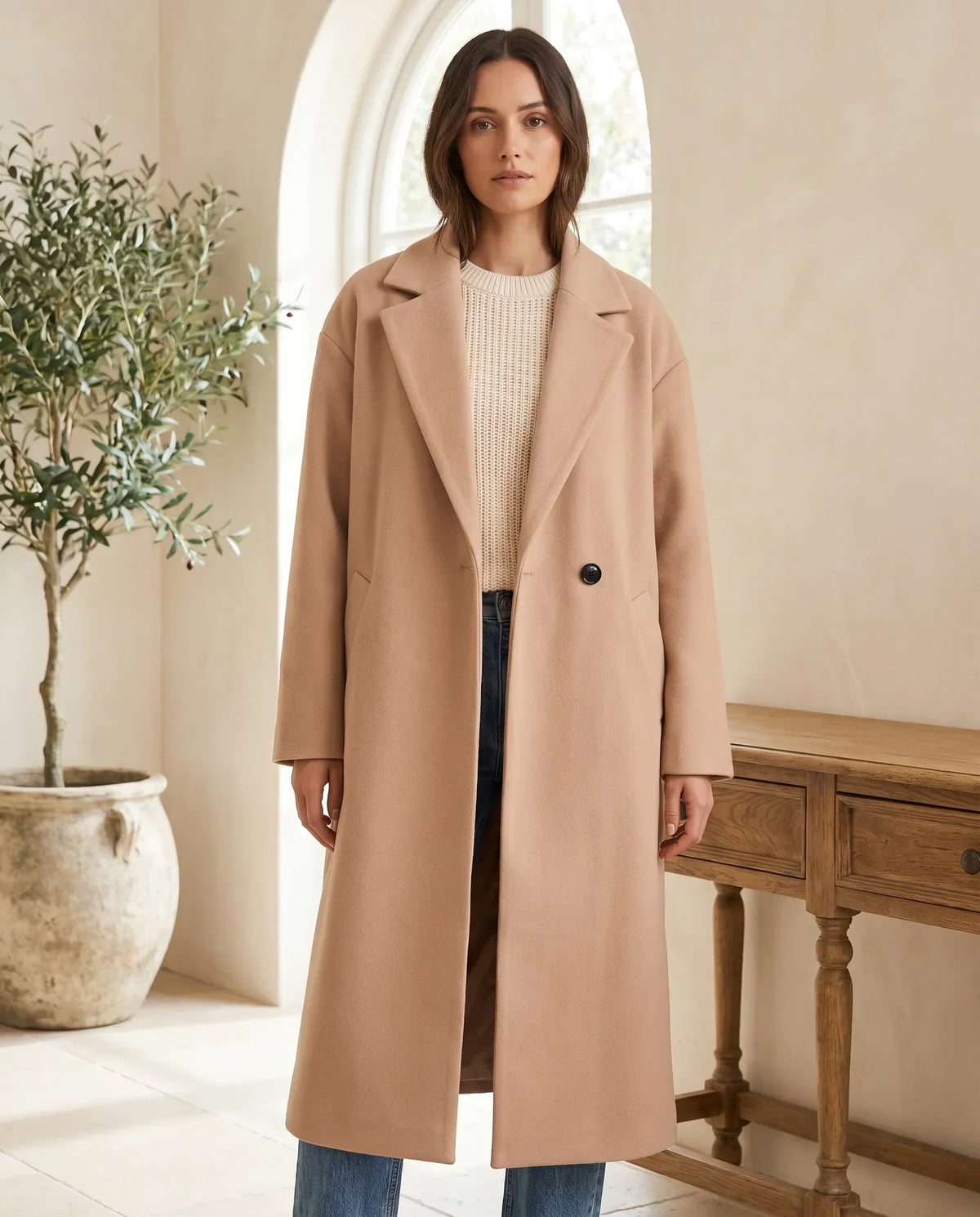 Astrid Wool-Look Coat for Women - Oversized Longline Notch Lapel - Khaki