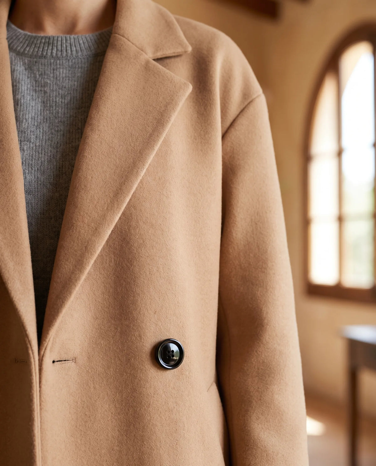 Astrid Wool-Look Coat for Women - Oversized Longline Notch Lapel - Khaki