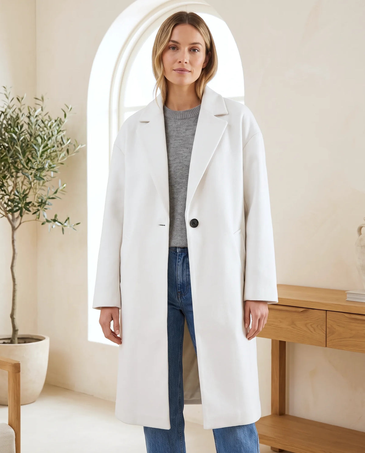 Astrid Wool-Look Coat for Women - Oversized Longline Notch Lapel - White