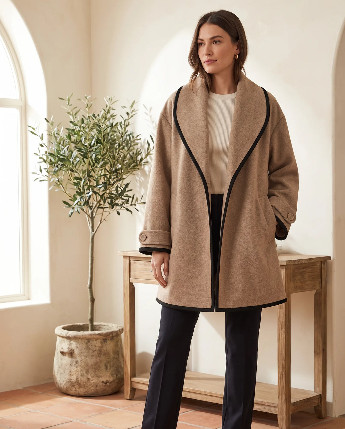 Romy Camel Long Coat for Women – Contrast Trim