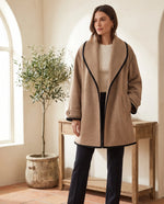 Romy Camel Long Coat for Women – Contrast Trim