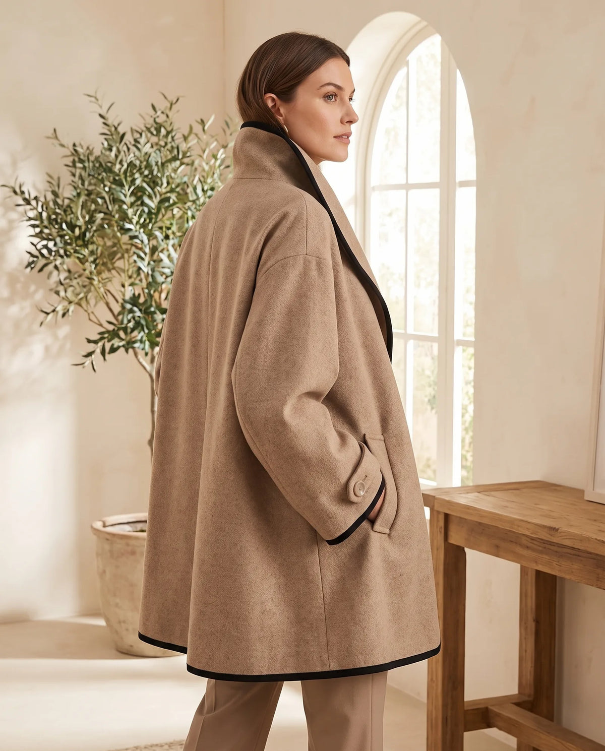 Romy Camel Long Coat for Women – Contrast Trim
