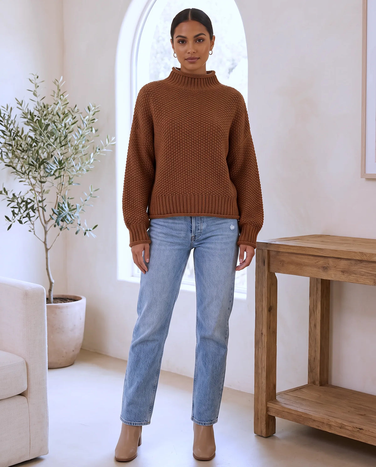 Camille Turtleneck Sweater for Women - Chunky Knit Oversized Pullover - Brown | Auburn Row