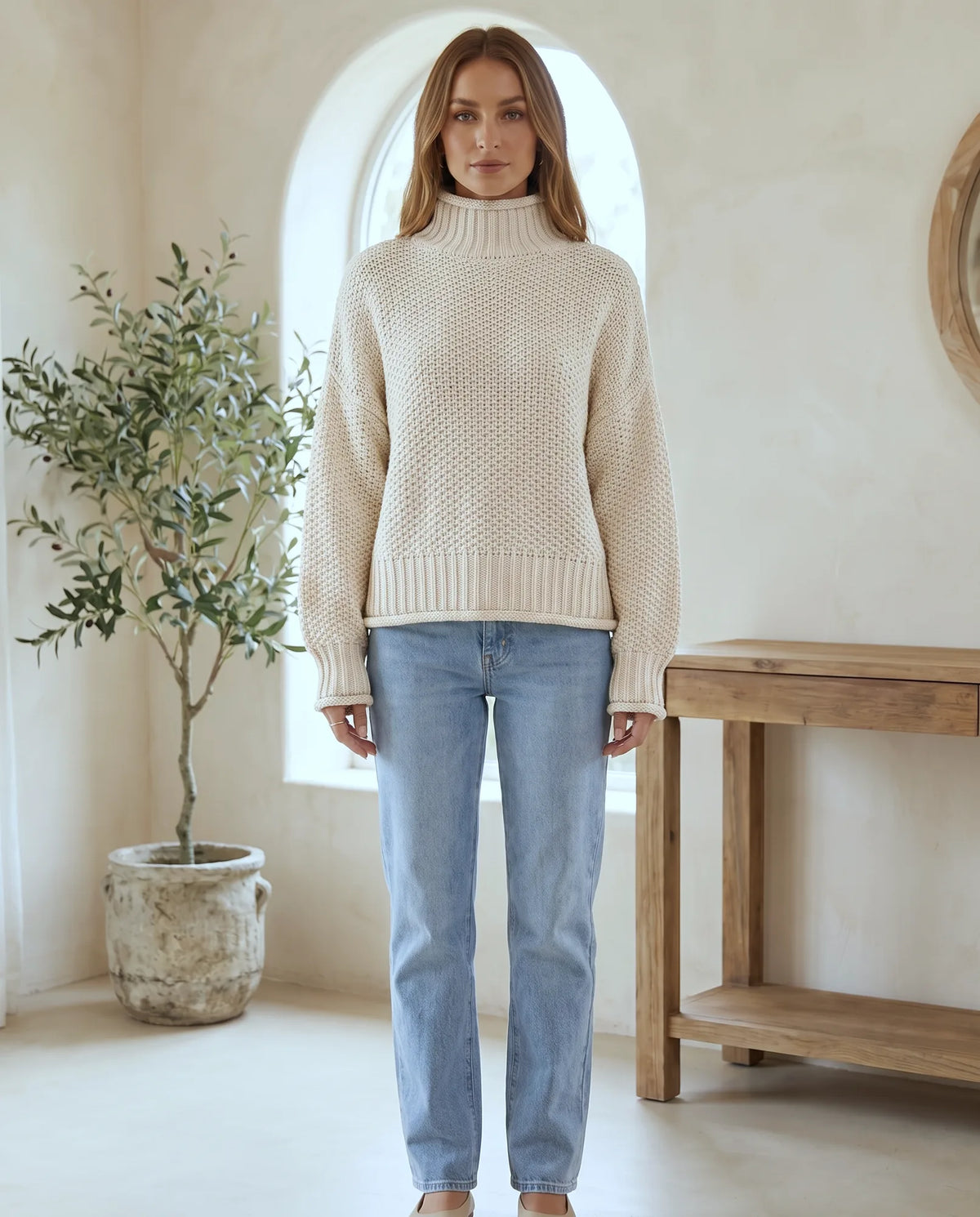 Camille Turtleneck Sweater for Women - Chunky Knit Oversized Pullover - White | Auburn Row