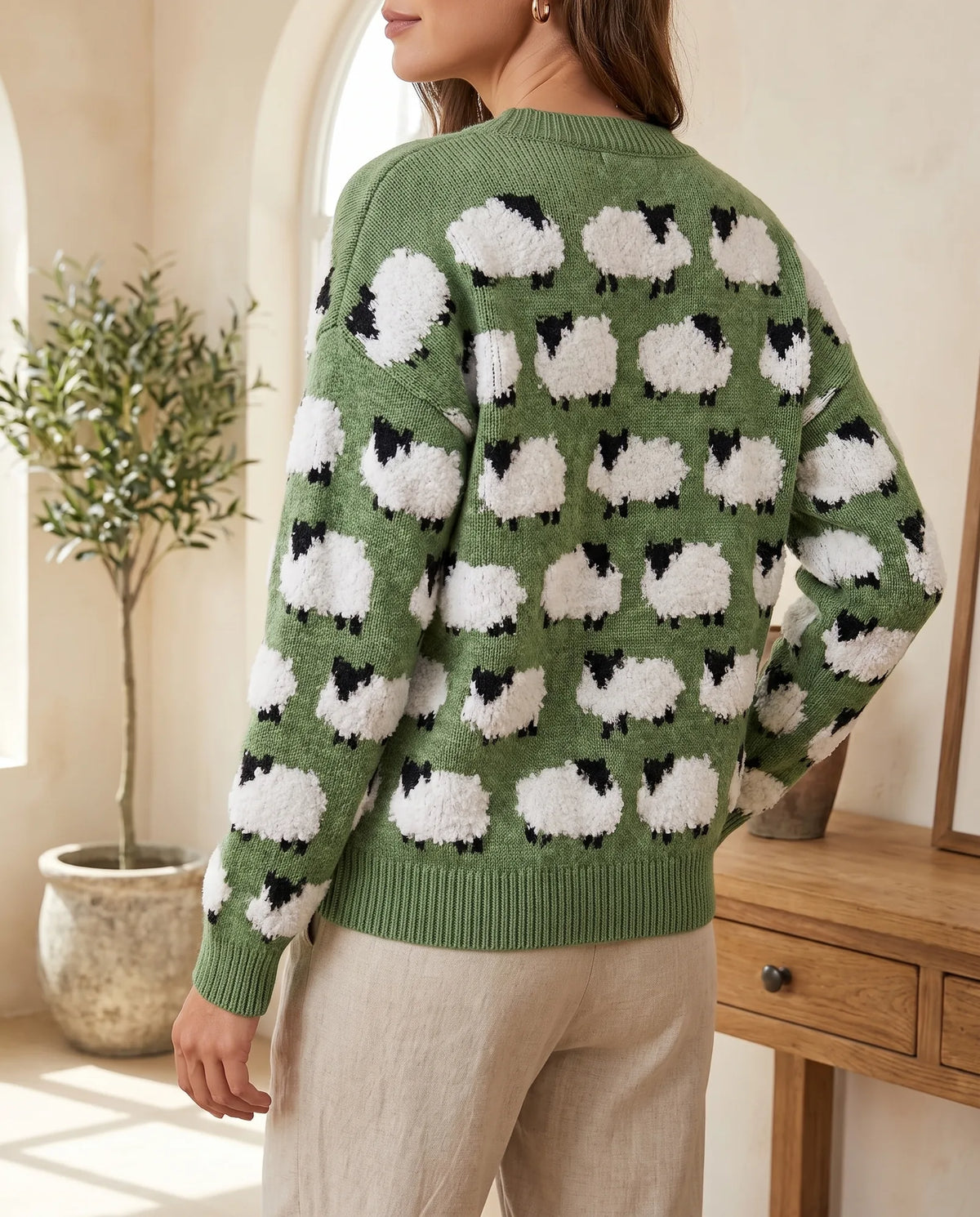 Mabel Fluffy Sheep Crew Neck Sweater for Women – Green