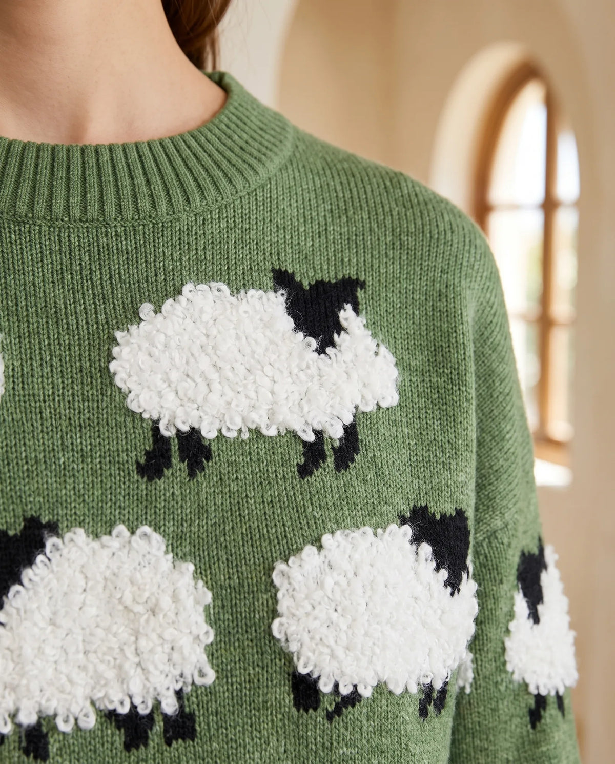 Mabel Fluffy Sheep Crew Neck Sweater for Women – Green