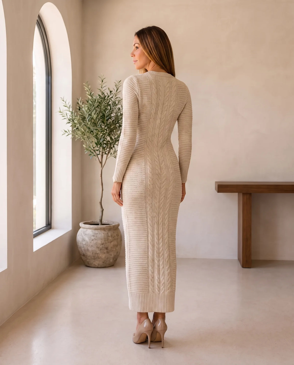 Colette Sweater Dress for Women - Cable Knit Maxi Long Sleeve - Beige | Auburn Row