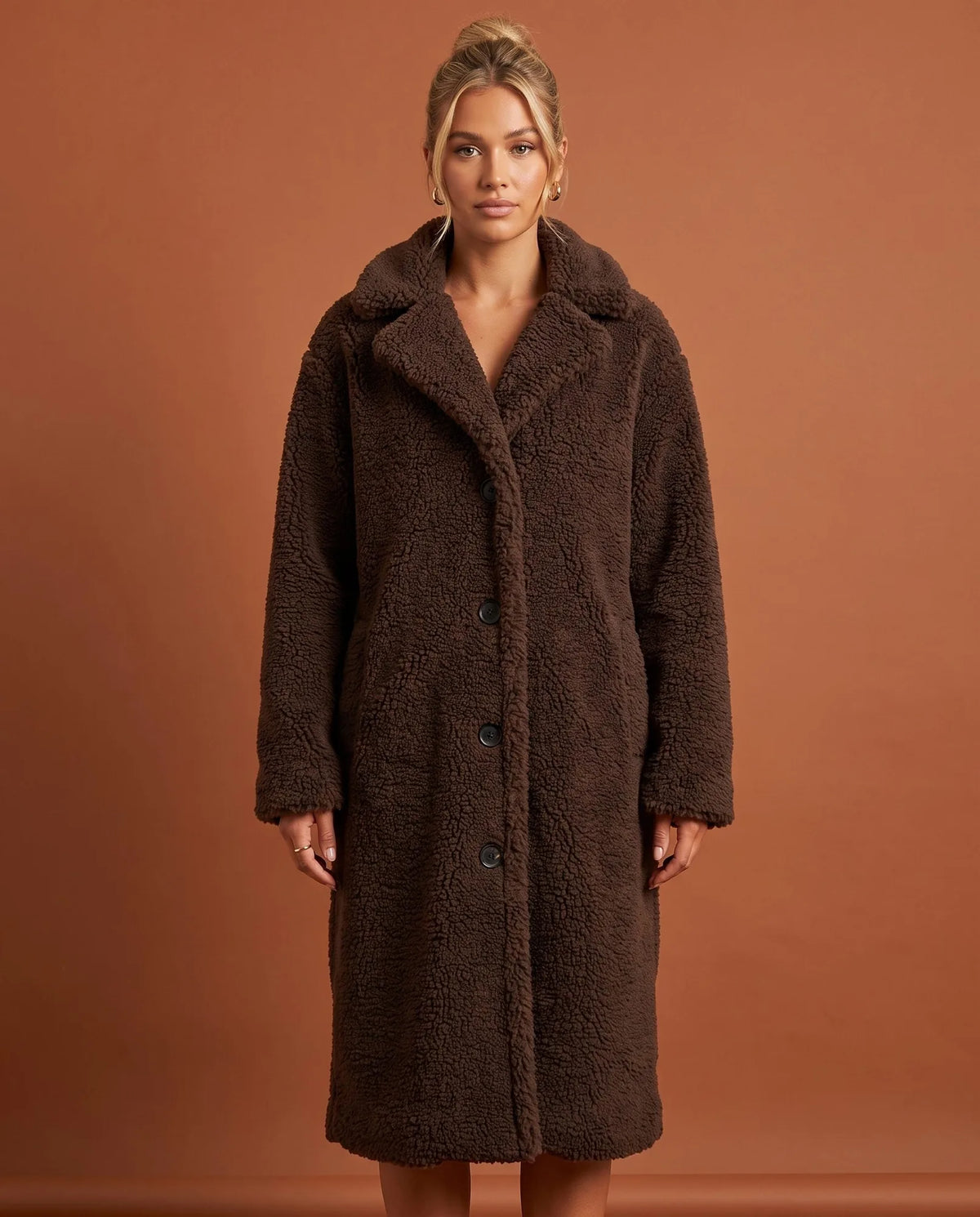 Delphine Teddy Coat for Women - Longline Notched Collar Fleece - Coffee | Auburn Row