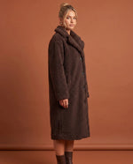 Delphine Teddy Coat for Women - Longline Notched Collar Fleece - Coffee | Auburn Row