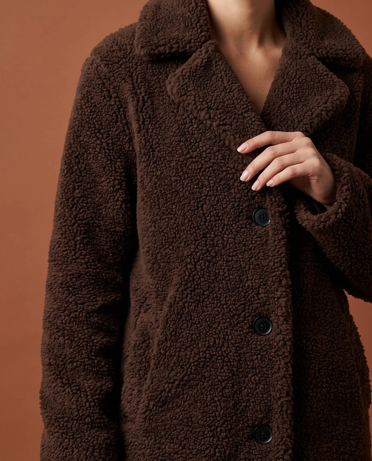 Delphine Teddy Coat for Women - Longline Notched Collar Fleece - Coffee | Auburn Row