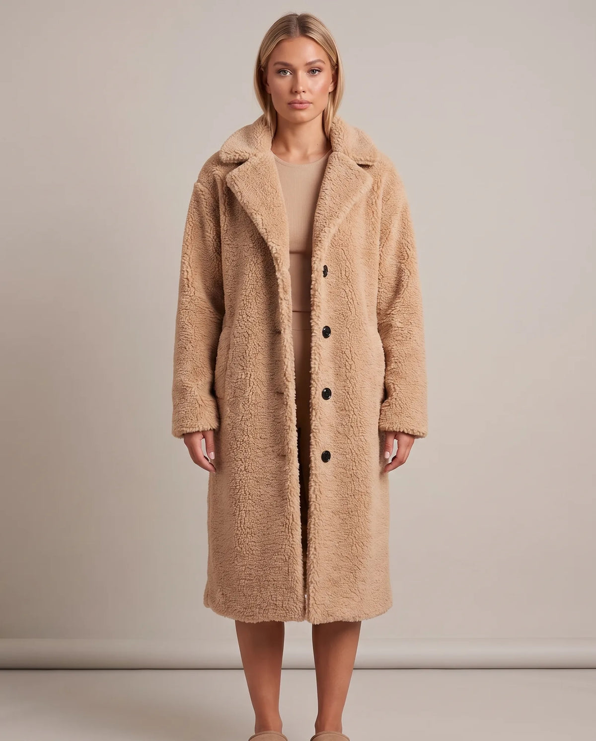 Delphine Teddy Coat for Women - Longline Notched Collar Fleece - Khaki | Auburn Row