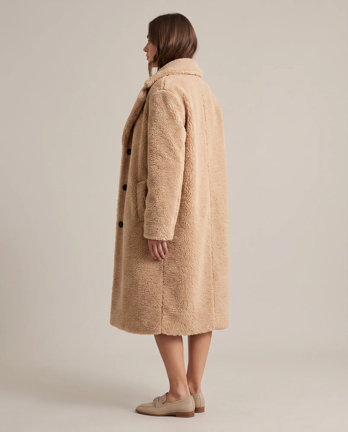 Delphine Teddy Coat for Women - Longline Notched Collar Fleece - Khaki | Auburn Row