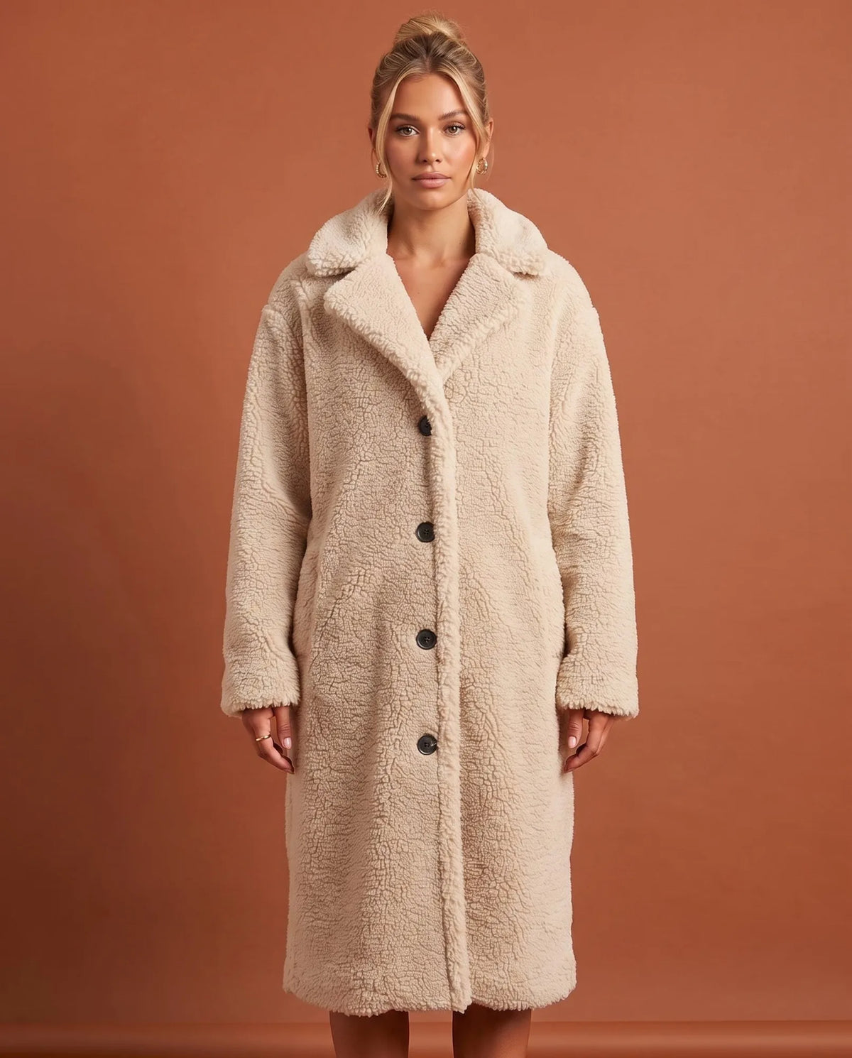 Delphine Teddy Coat for Women - Longline Notched Collar Fleece - White | Auburn Row