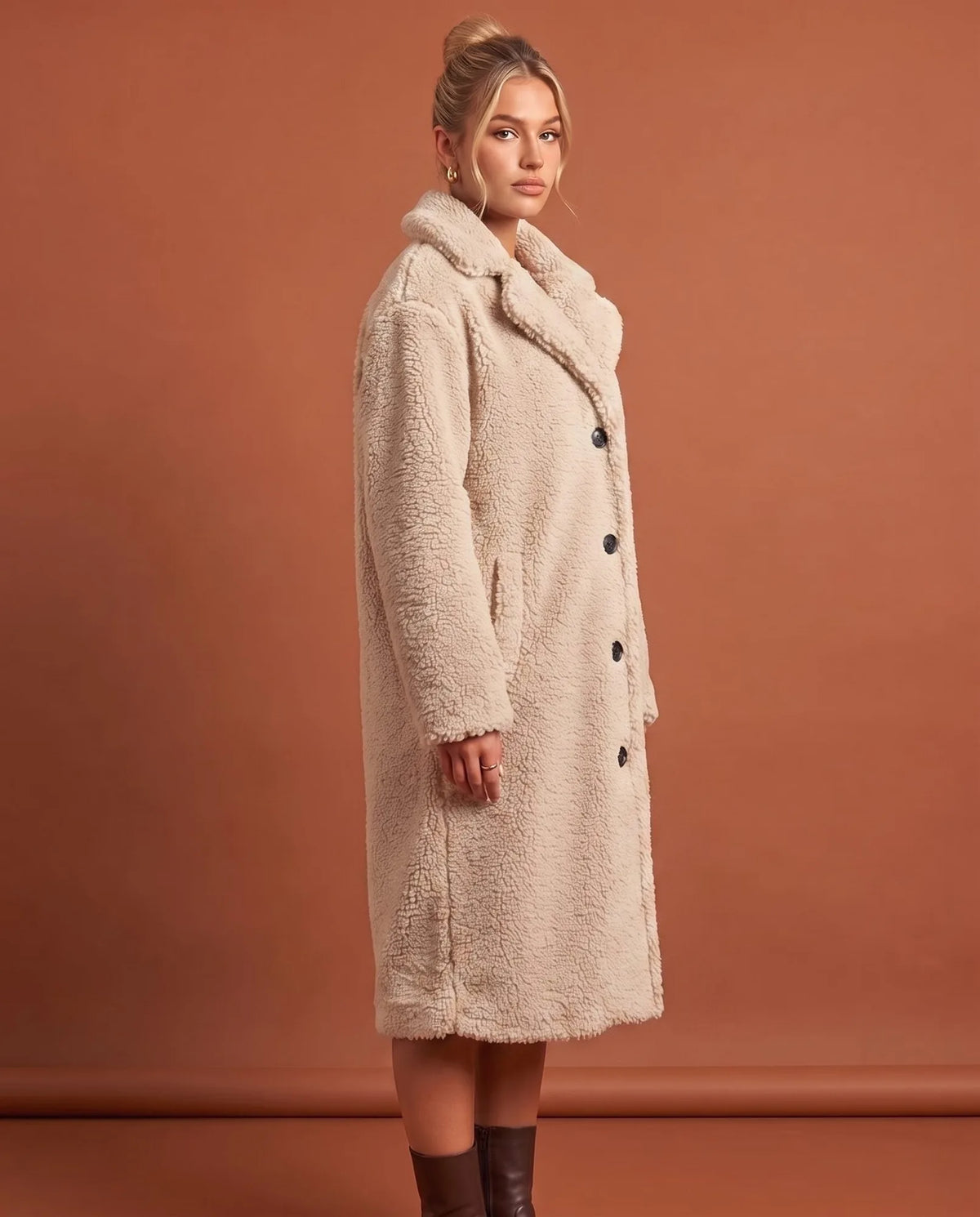Delphine Teddy Coat for Women - Longline Notched Collar Fleece - White | Auburn Row