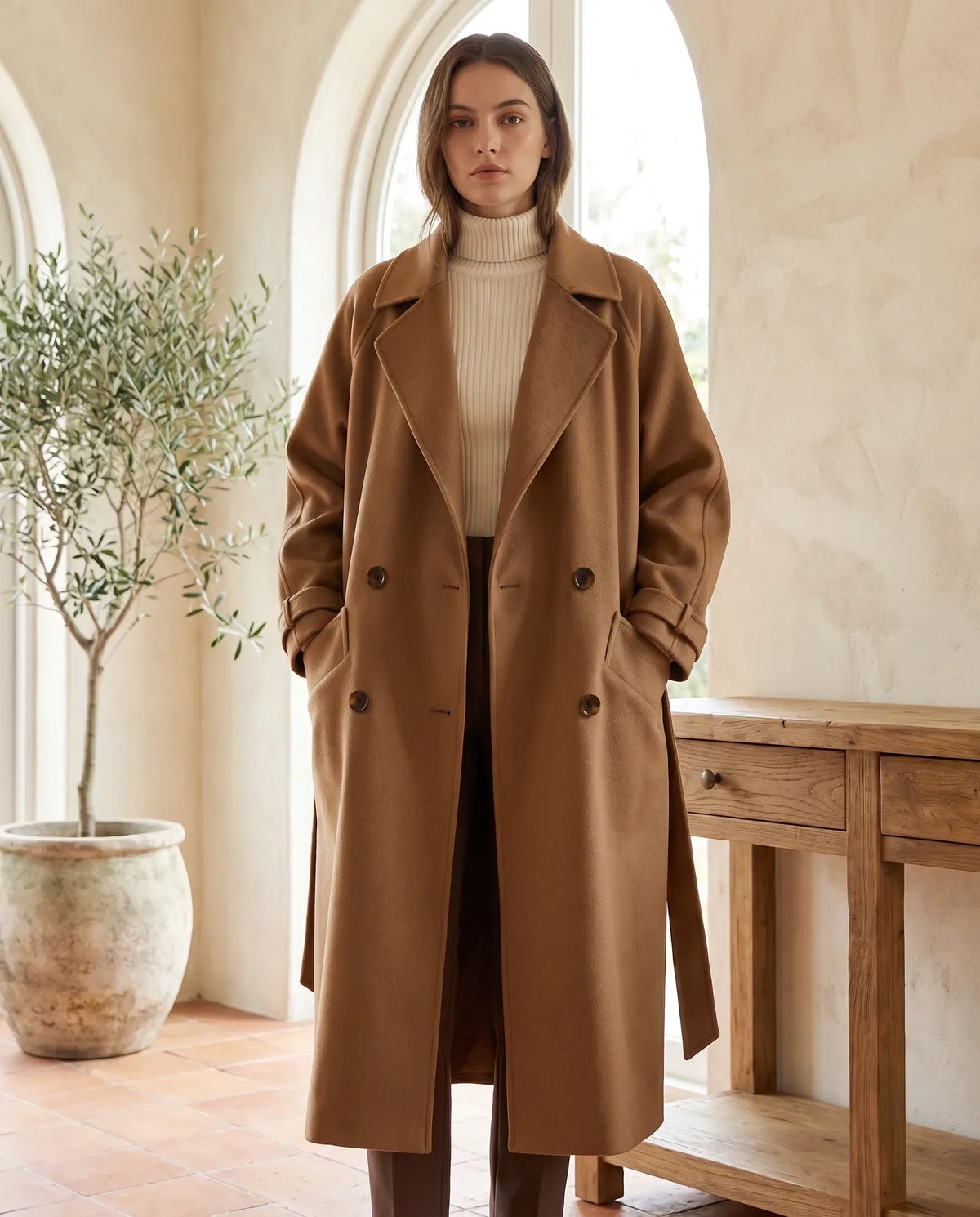 Adeline Elegant Long Coat for Women – Brown