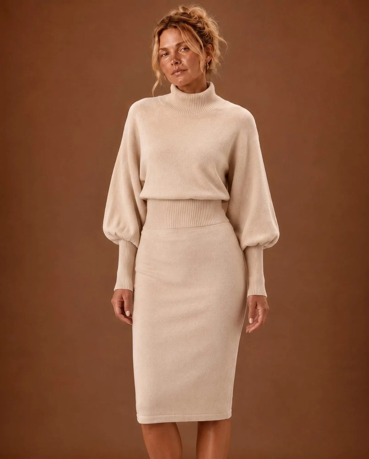 Elodie Knit Midi Dress for Women - Fitted Ribbed Turtleneck - Beige