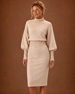 Elodie Knit Midi Dress for Women - Fitted Ribbed Turtleneck - Beige