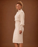 Elodie Knit Midi Dress for Women - Fitted Ribbed Turtleneck - Beige