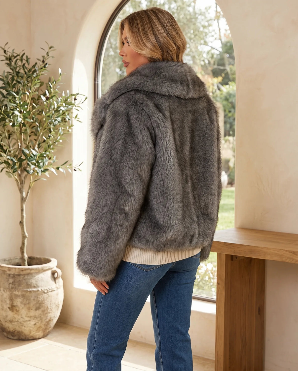 Beatrix Fluffy Lapel Jacket for Women – Grey