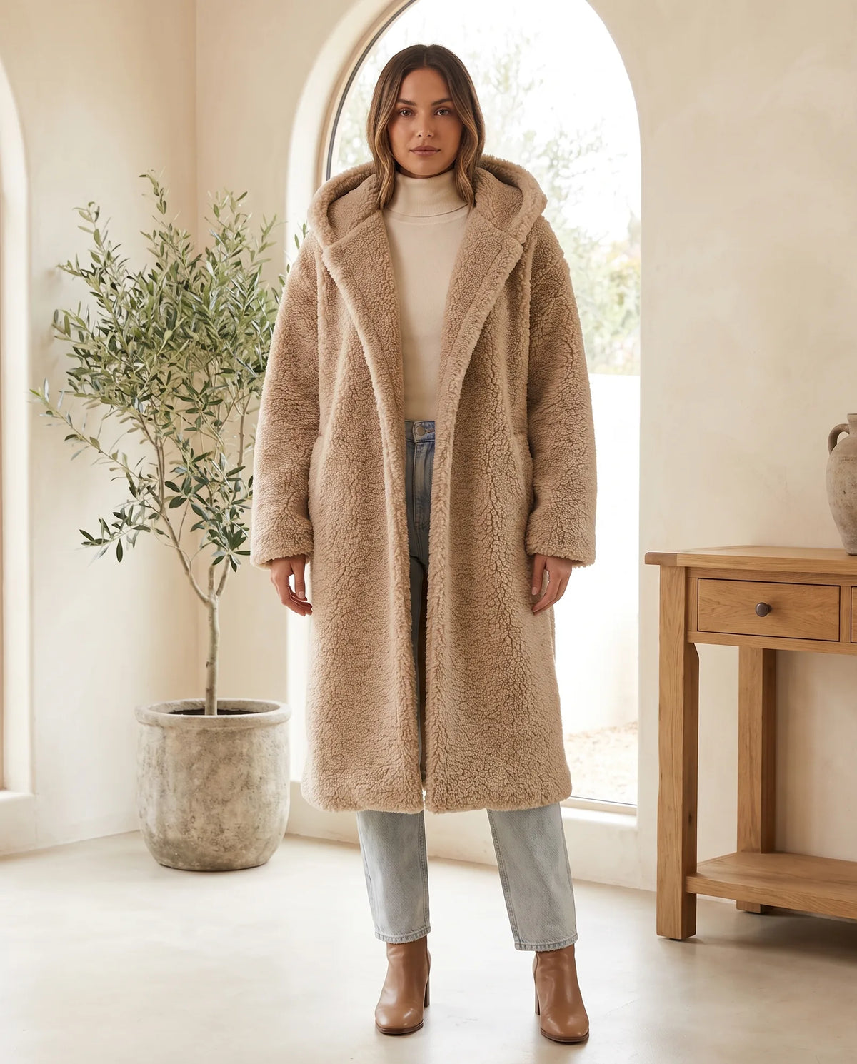 Elsie Hooded Teddy Coat for Women – Beige